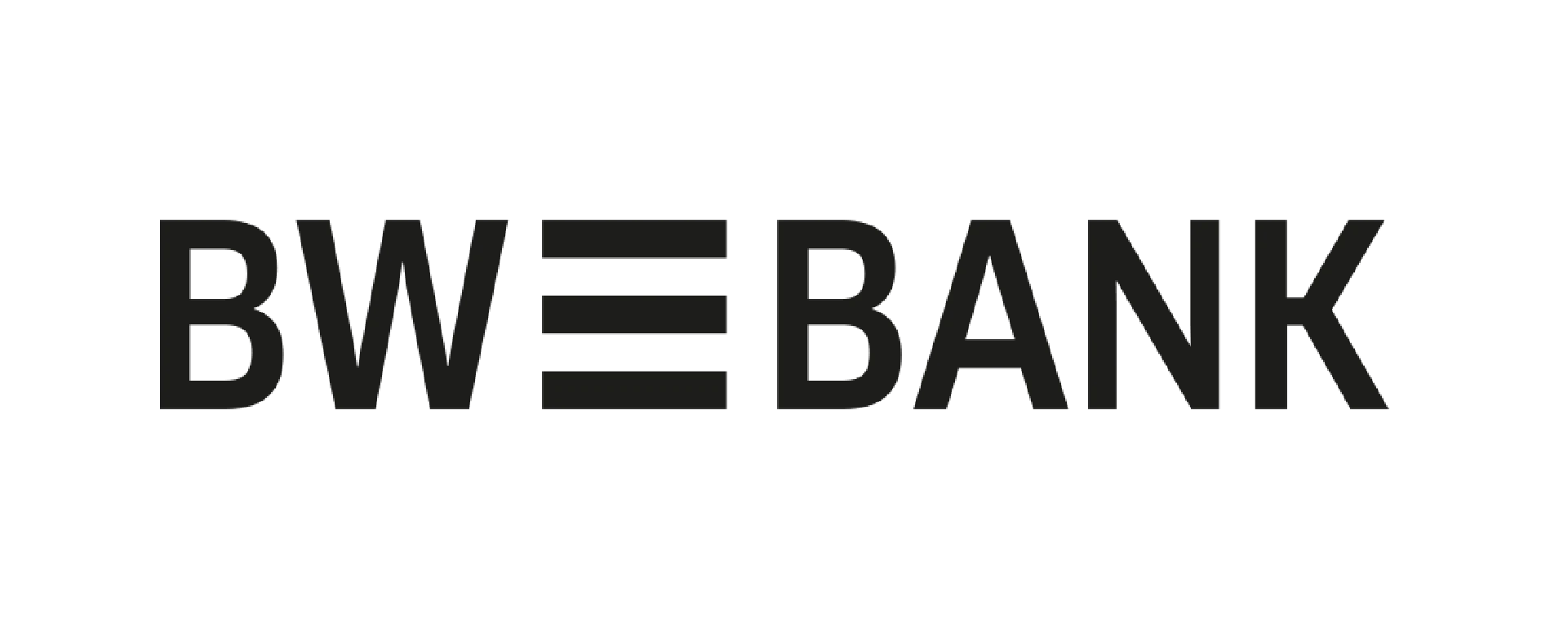 Logo der BW-Bank: Schwarze Großbuchstaben mit drei horizontalen Linien statt Bindestrich in „BW–BANK“